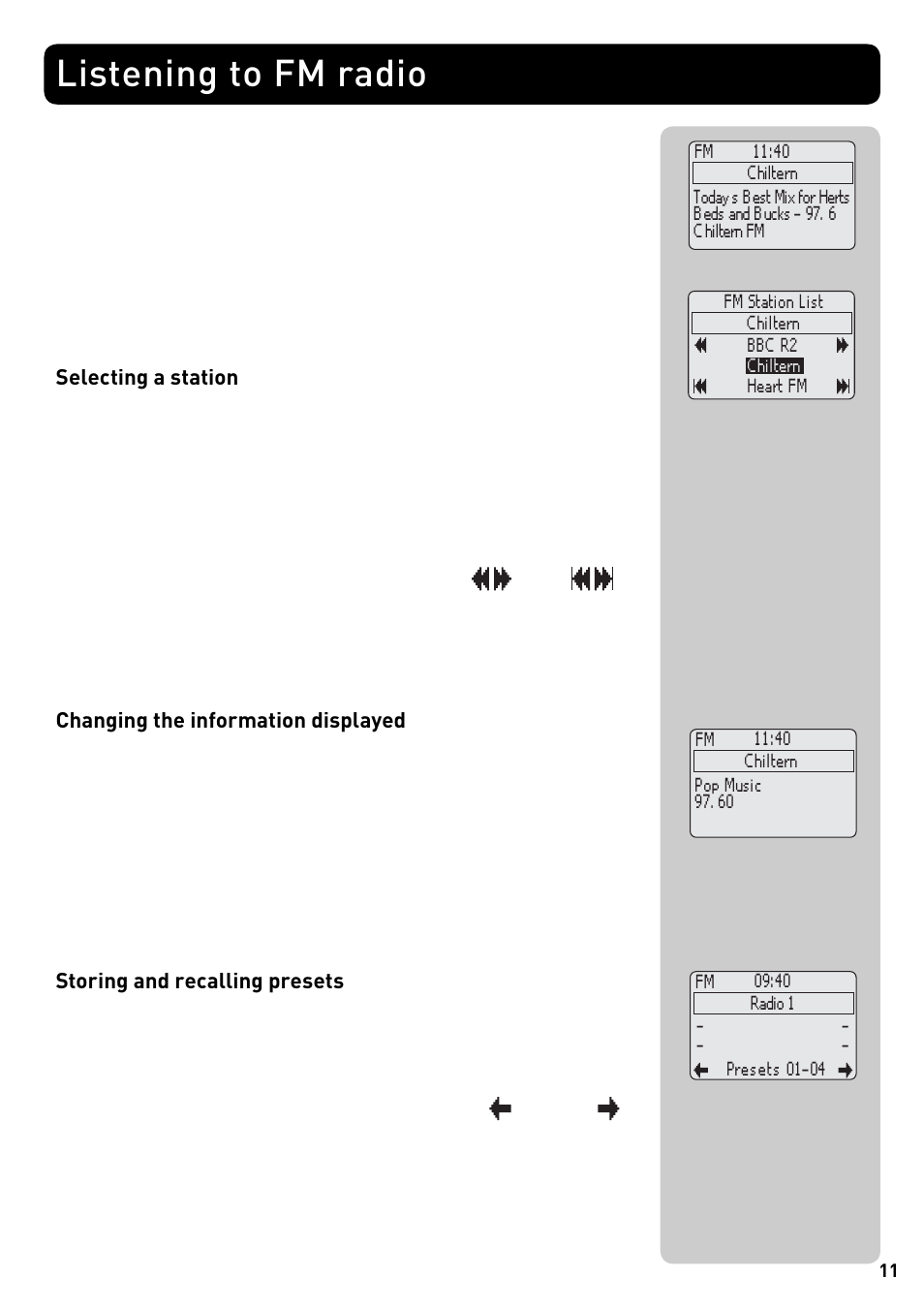 Listening to fm radio, Selecting a station, Changing the information displayed | Storing and recalling presets | Pure Acoustics DMX-50 User Manual | Page 13 / 22