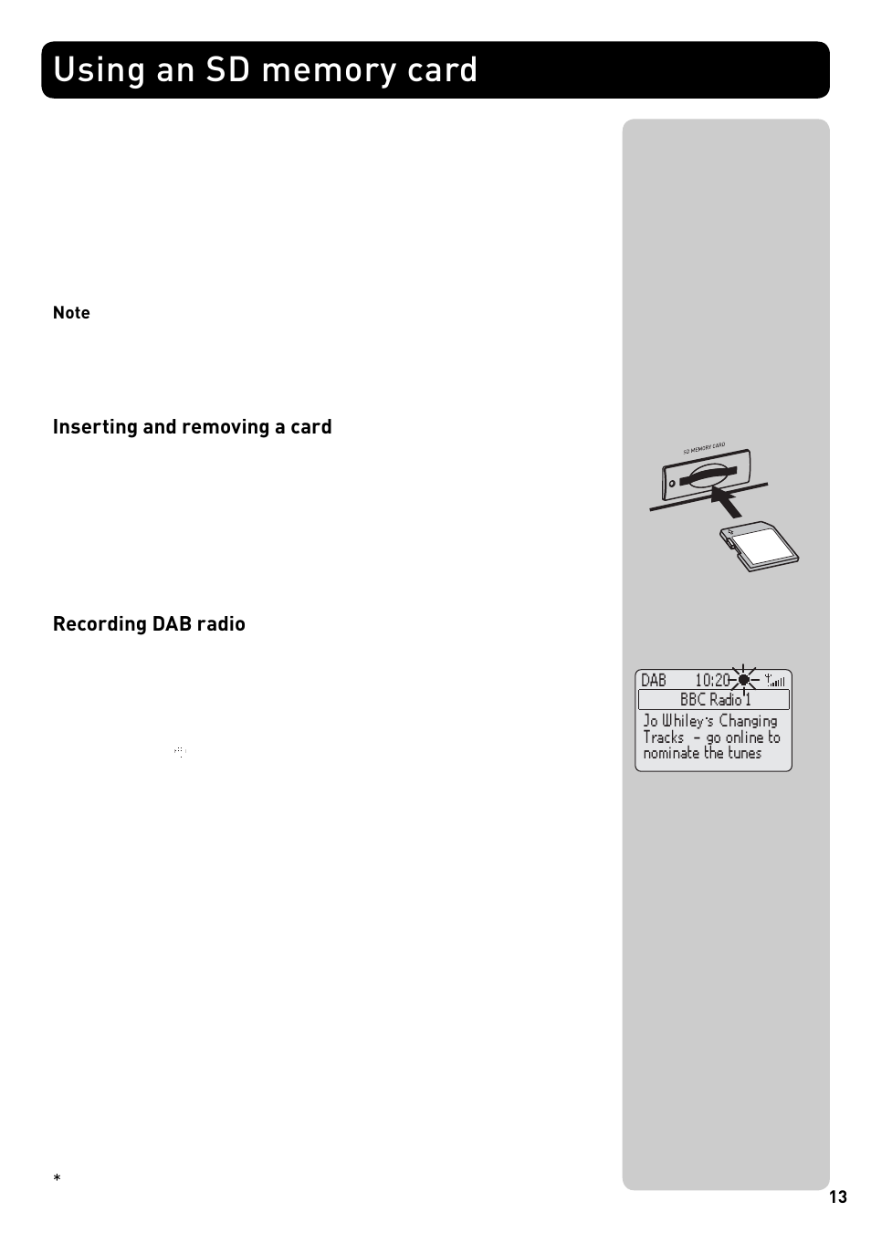 Inserting and removing a card, Recording dab radio | Pure Acoustics DMX-50 User Manual | Page 15 / 22