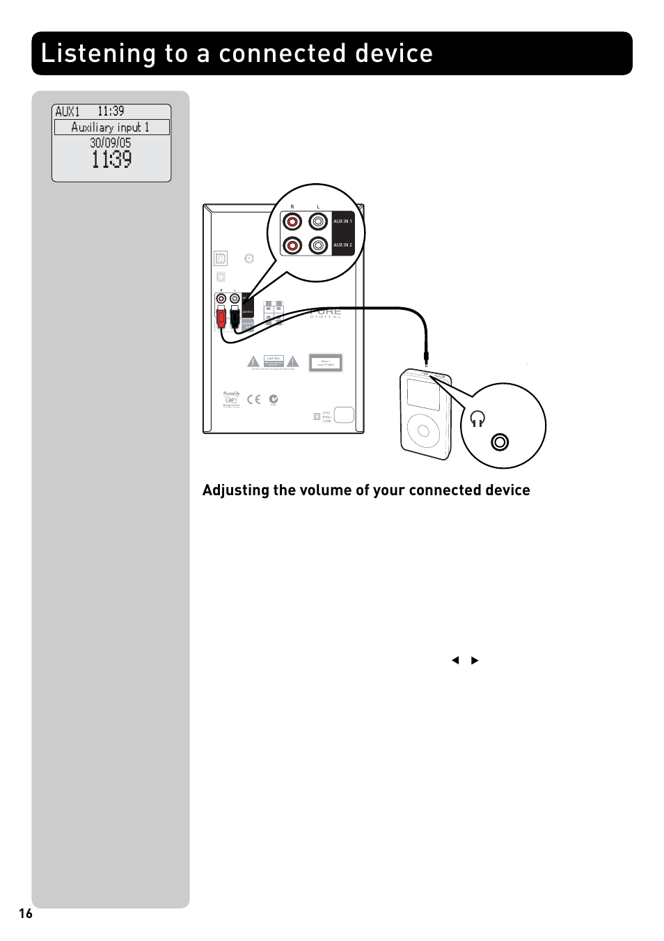 Listening to a connected device, Adjusting the volume of your connected device, Gr eat britain 16 | Pure Acoustics DMX-50 User Manual | Page 18 / 22