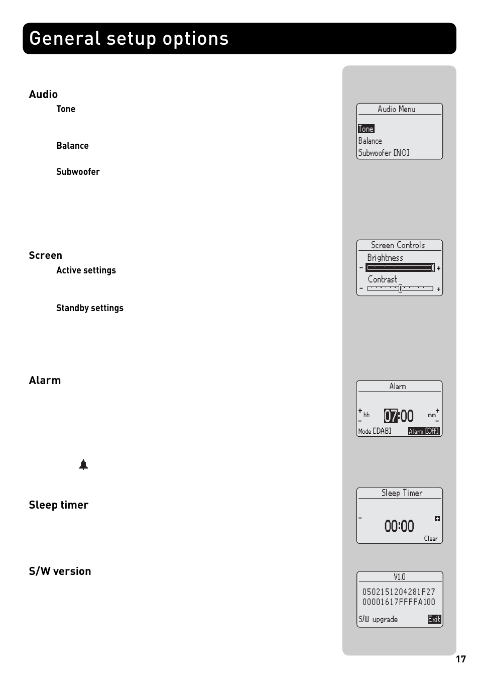 General setup options, Audio, Alarm | Sleep timer, S/w version, Screen, Gr eat britain 17 | Pure Acoustics DMX-50 User Manual | Page 19 / 22