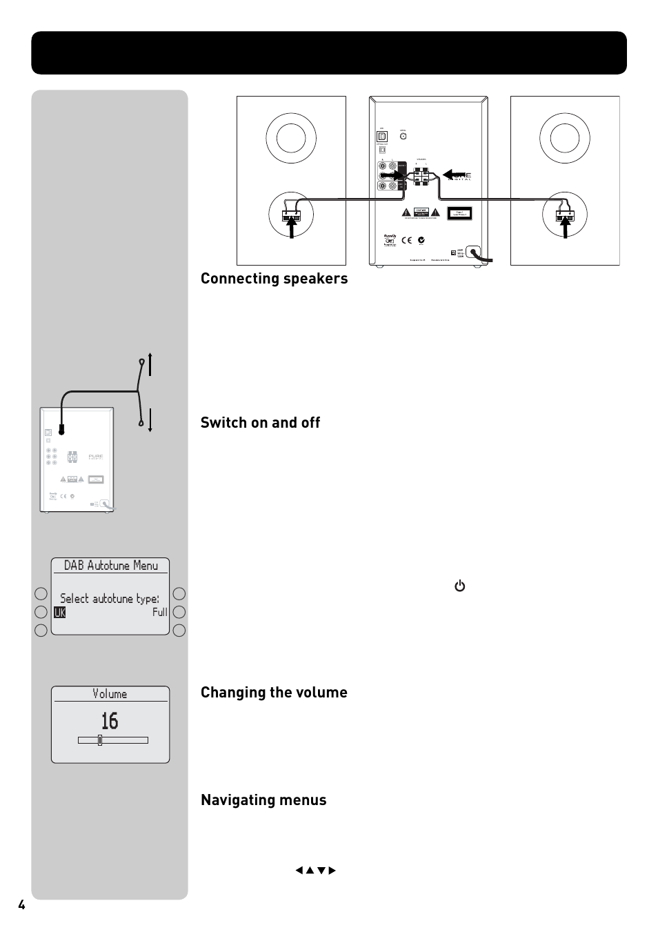 Connecting speakers, Switch on and off, Changing the volume | Navigating menus, Gr eat britain 4 | Pure Acoustics DMX-50 User Manual | Page 6 / 22