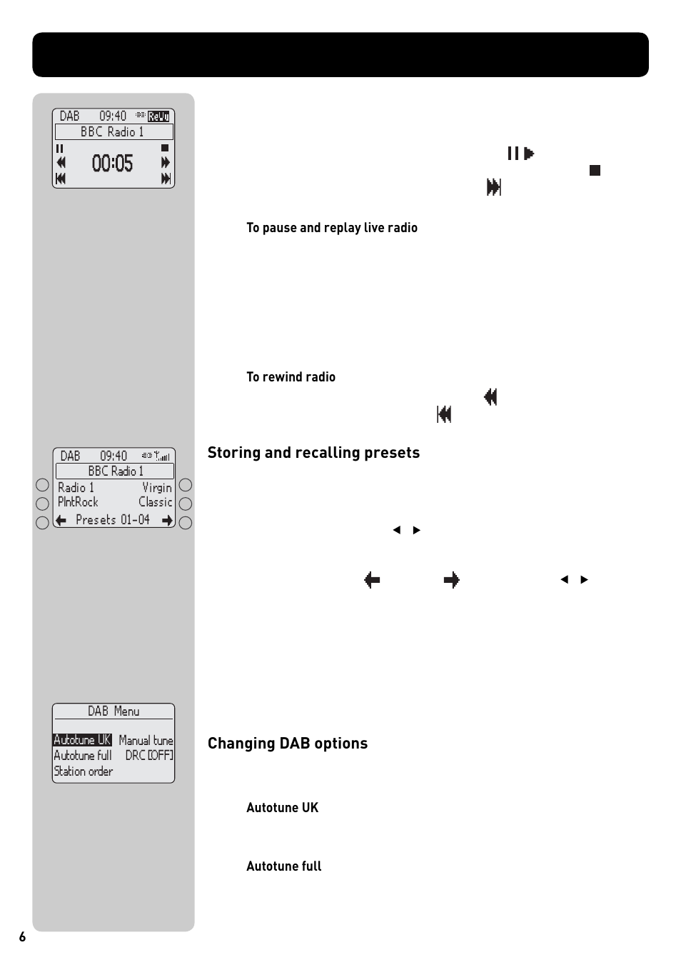 Storing and recalling presets, Changing dab options | Pure Acoustics DMX-50 User Manual | Page 8 / 22