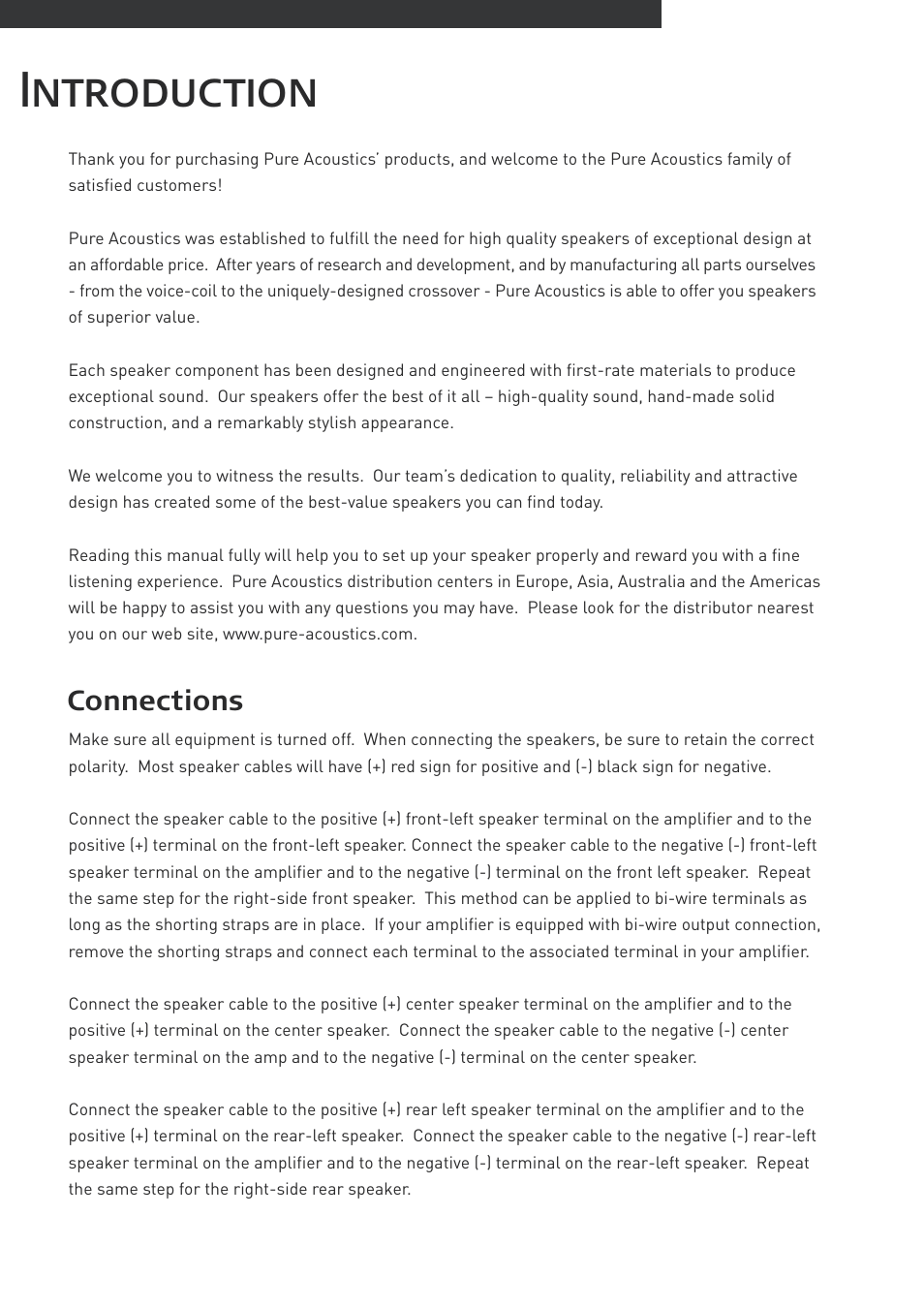 Introduction, Connections | Pure Acoustics XTI100 User Manual | Page 2 / 4