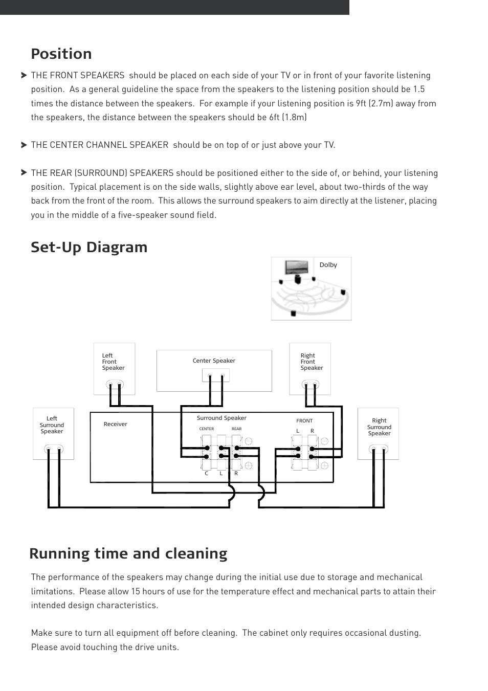 Position running time and cleaning set-up diagram | Pure Acoustics XTI100 User Manual | Page 3 / 4