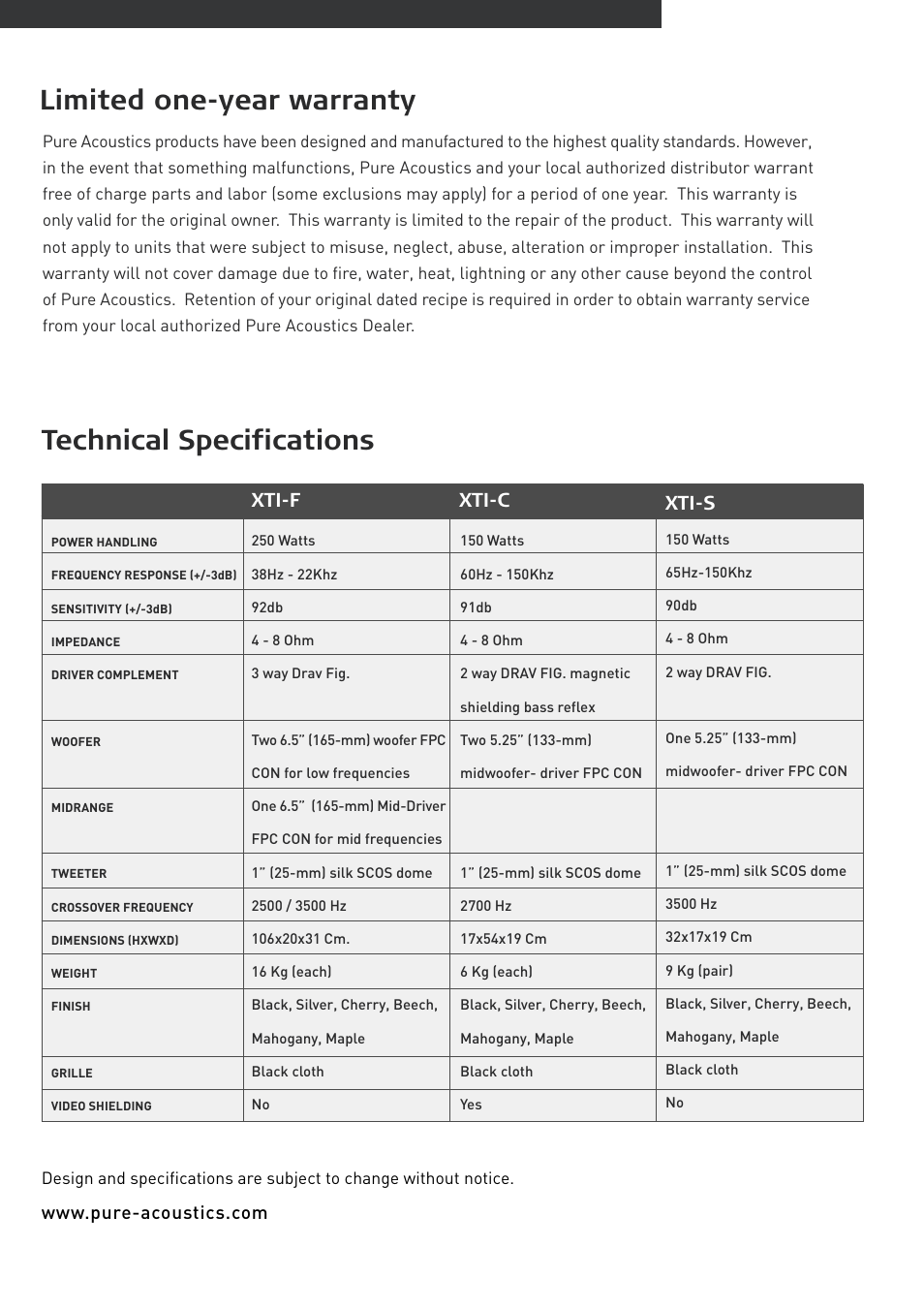 Limited one-year warranty technical specifications, Xti-f xti-c xti-s | Pure Acoustics XTI100 User Manual | Page 4 / 4