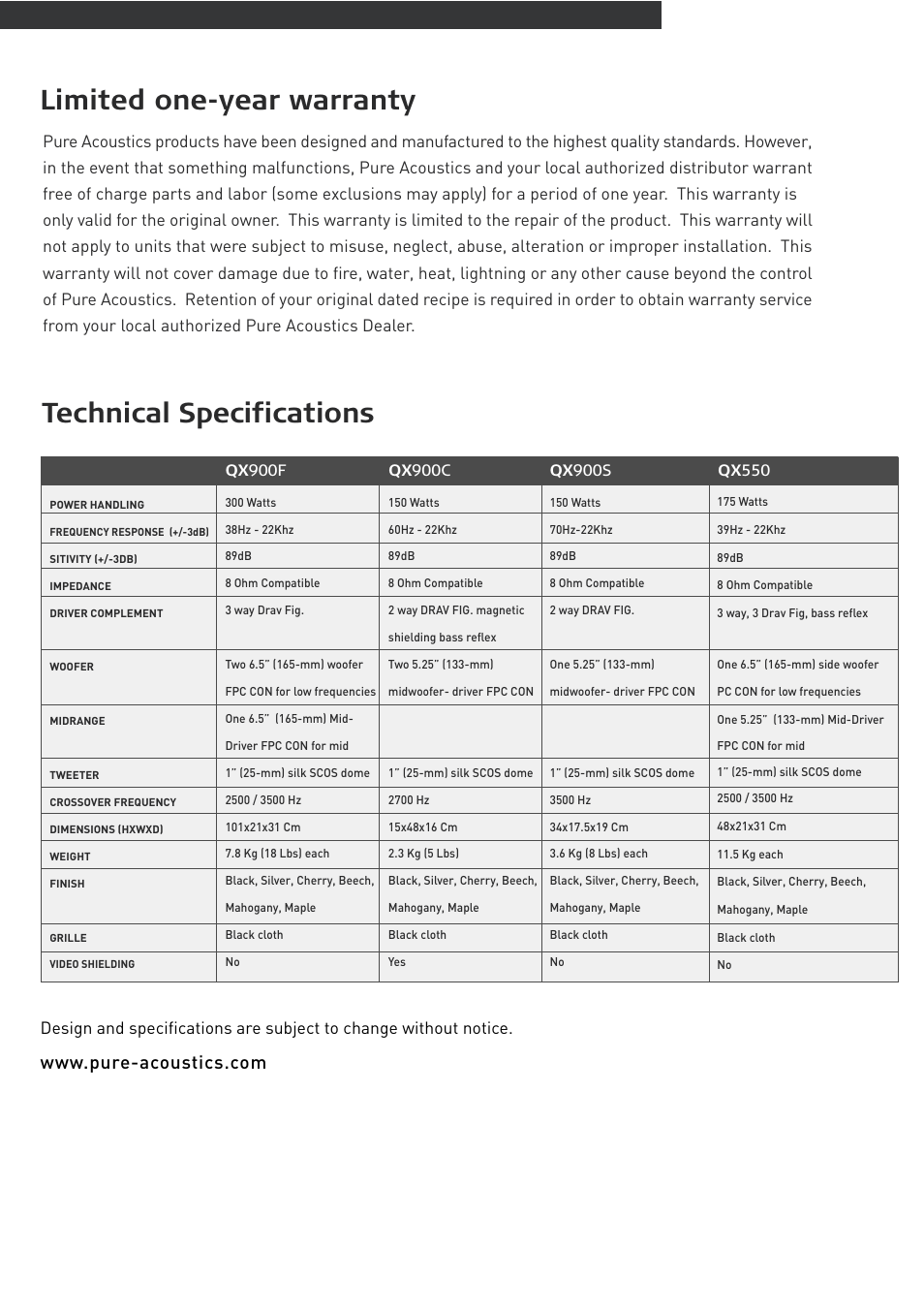 Technical specifications limited one-year warranty | Pure Acoustics QX900S User Manual | Page 4 / 4