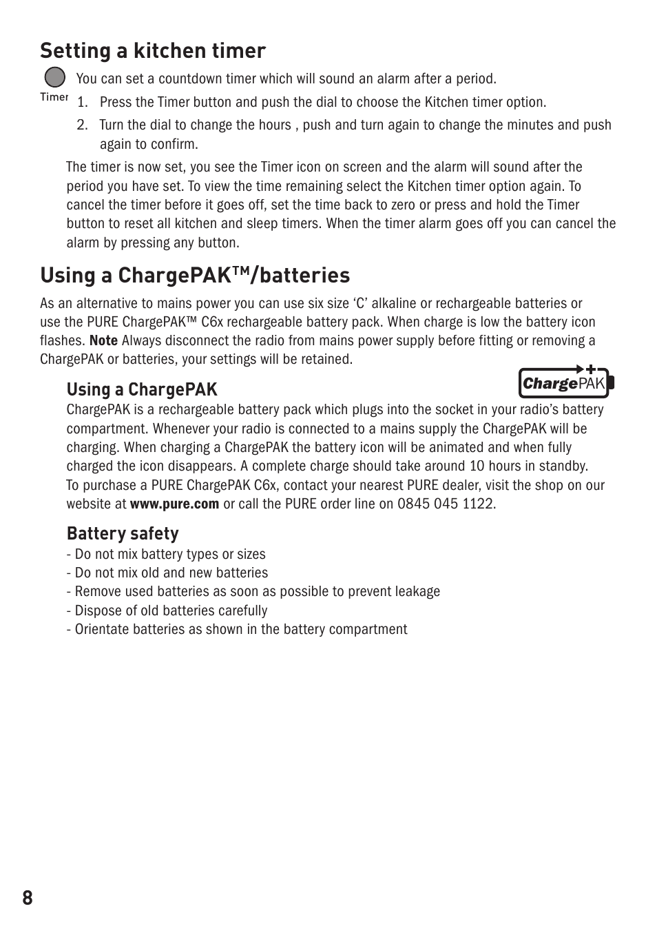 Setting a kitchen timer, Using a chargepaktm/batteries, Using a chargepak | Batteries, Battery safety | Pure ONE User Manual | Page 10 / 16