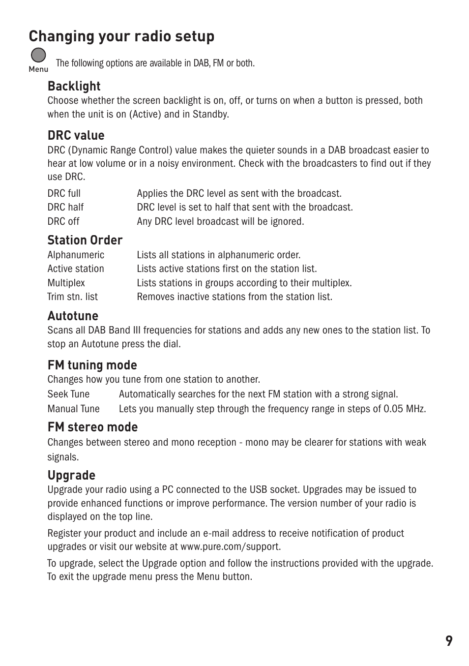 Changing your radio setup, Backlight, Drc value | Station order, Autotune, Fm tuning mode, Fm stereo mode, Upgrade | Pure ONE User Manual | Page 11 / 16