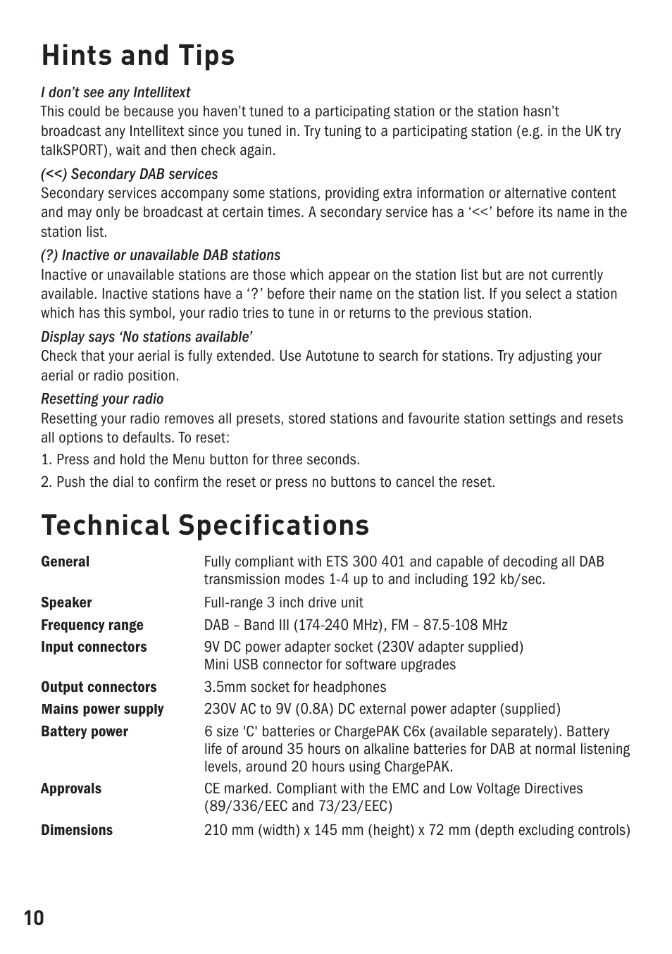 Hints and tips, Technical specifications | Pure ONE User Manual | Page 12 / 16
