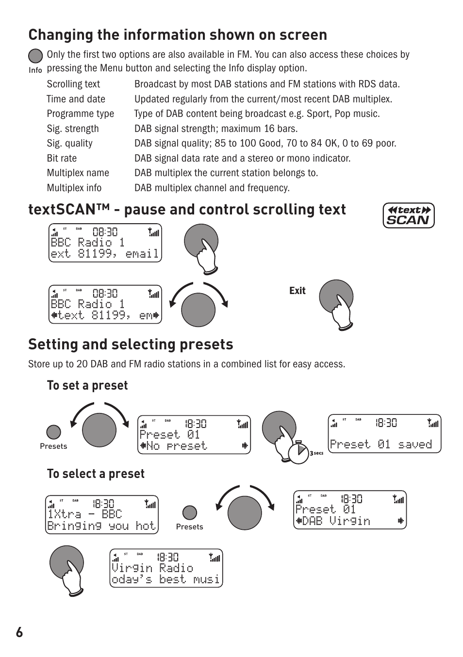 Changing the information shown on screen, Textscan™ - pause and control scrolling text, Setting and selecting presets | Pure ONE User Manual | Page 8 / 16