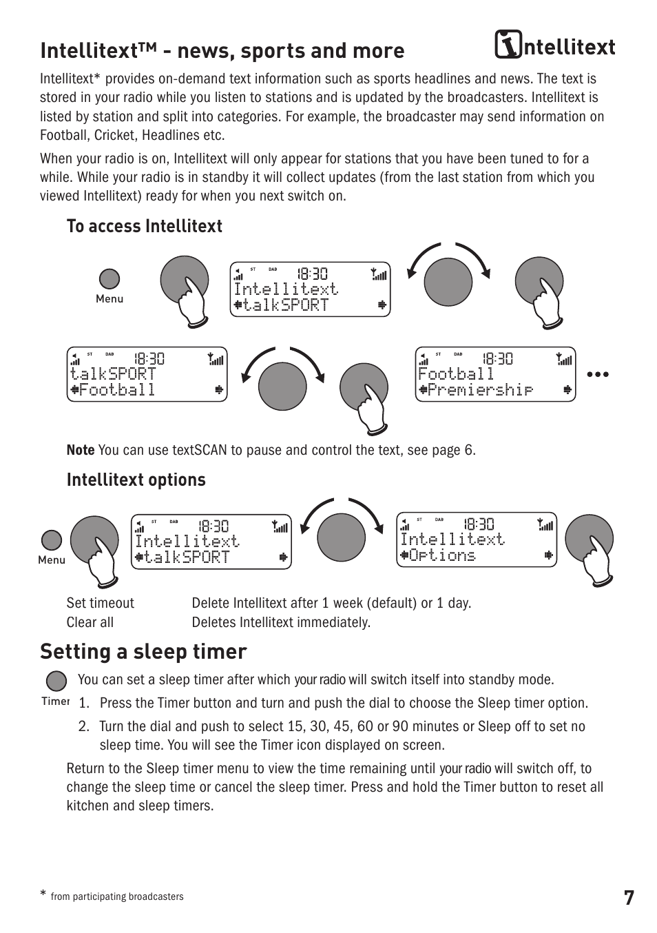 Intellitext™ - news, sports and more, Setting a sleep timer, Intellitext options | Pure ONE User Manual | Page 9 / 16