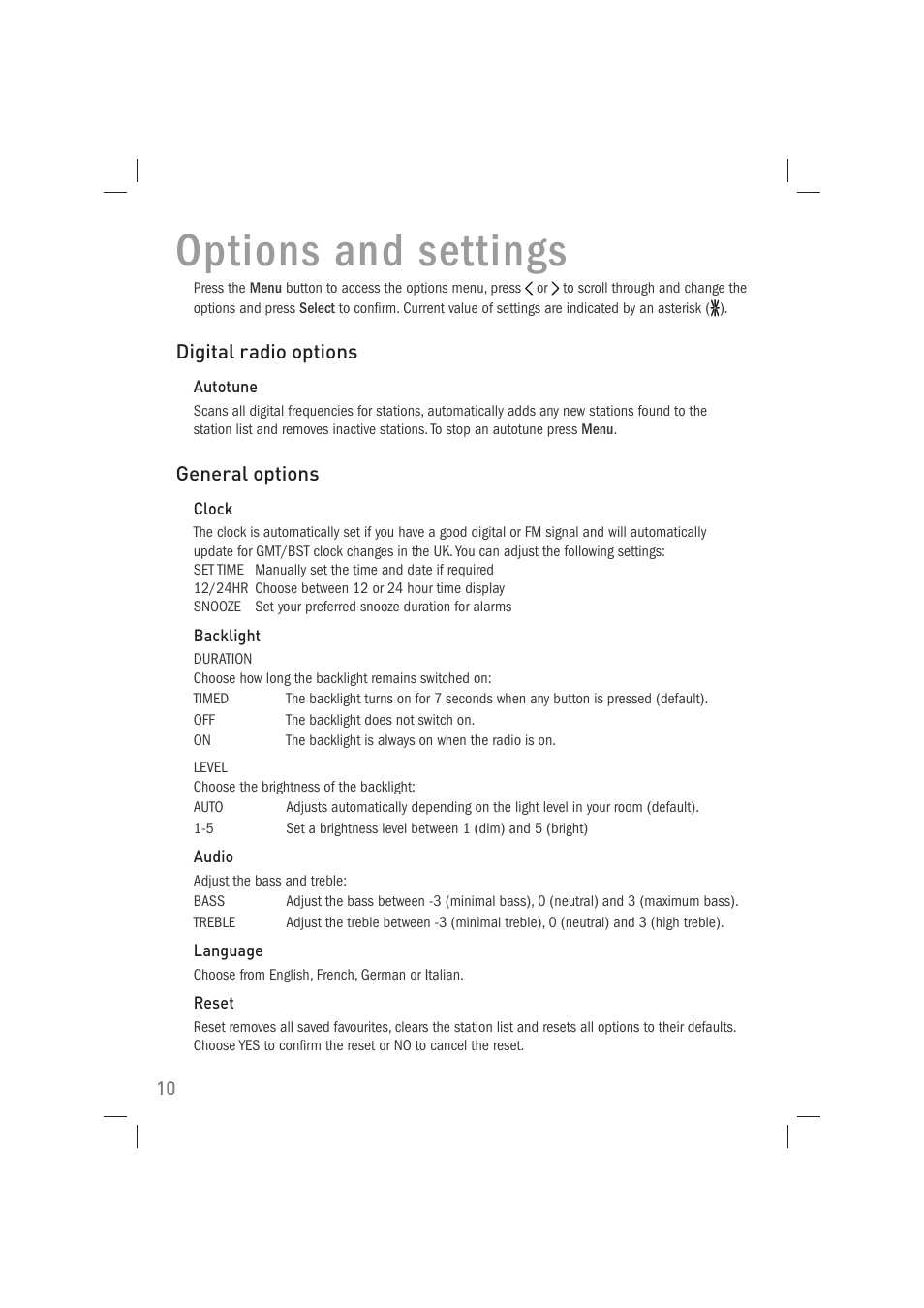 Options and settings | Pure Acoustics Contour 100Di User Manual | Page 12 / 80