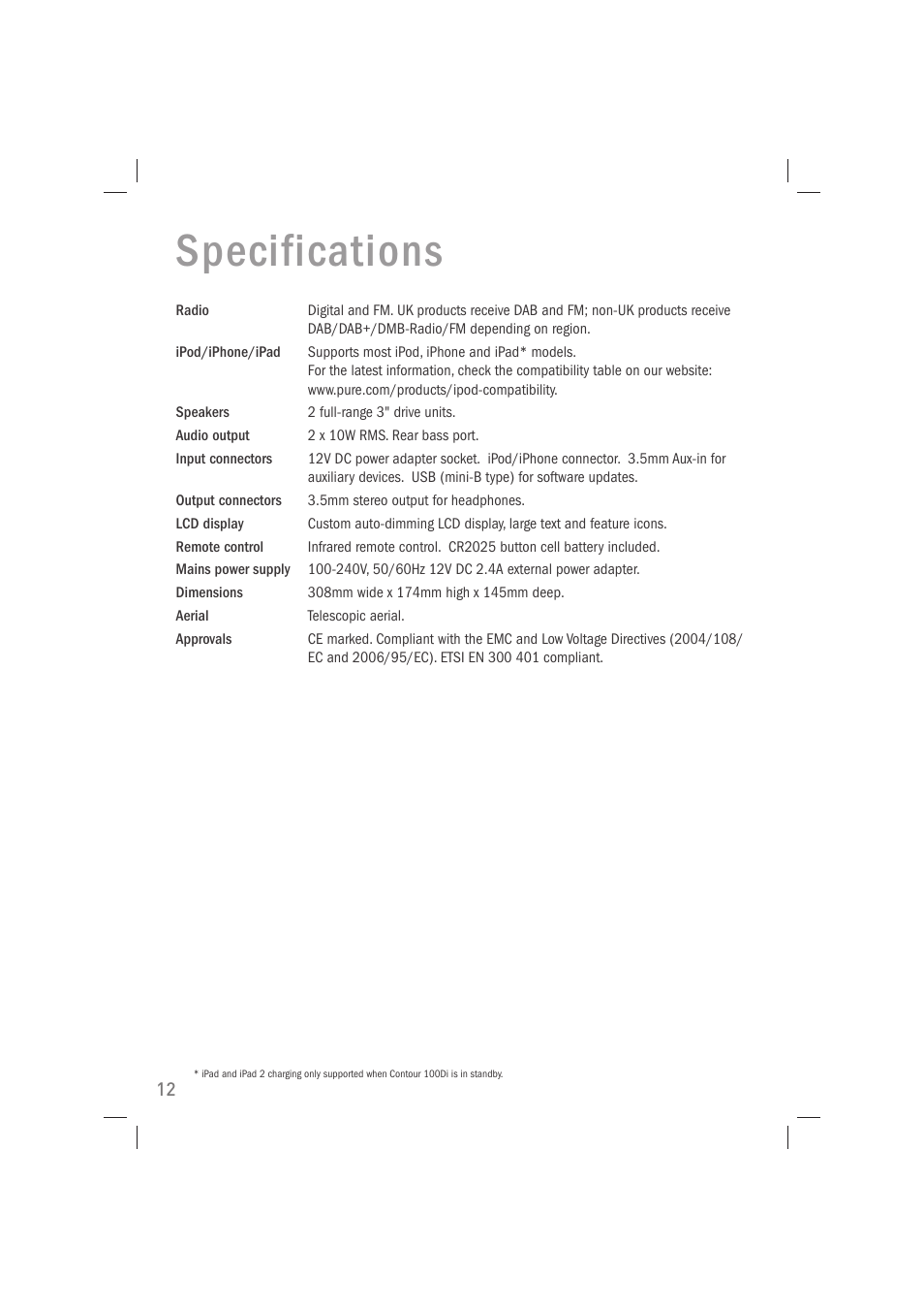 Specifications | Pure Acoustics Contour 100Di User Manual | Page 14 / 80