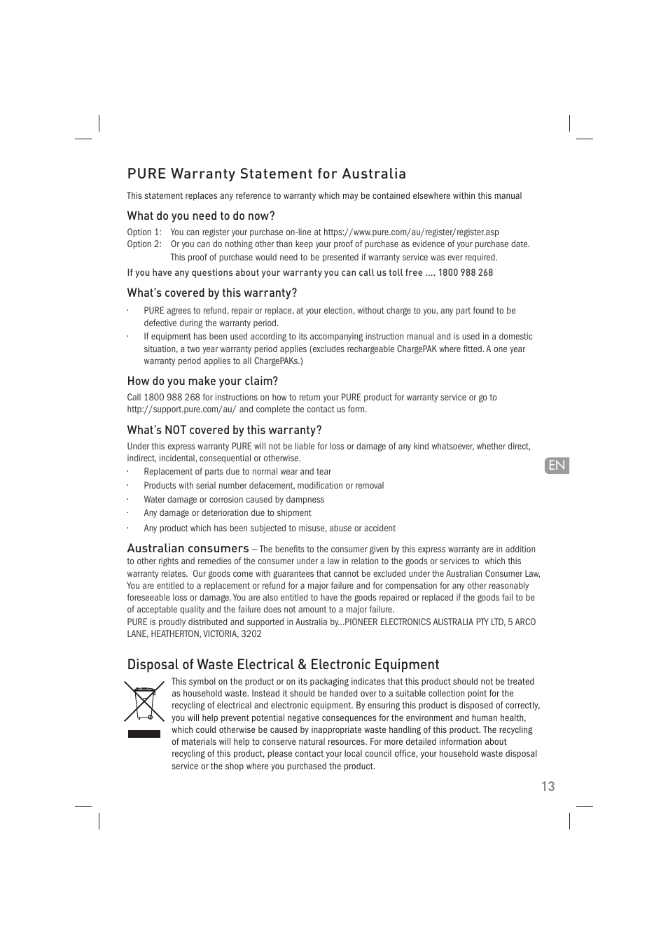 Pure warranty statement for australia | Pure Acoustics Contour 100Di User Manual | Page 15 / 80