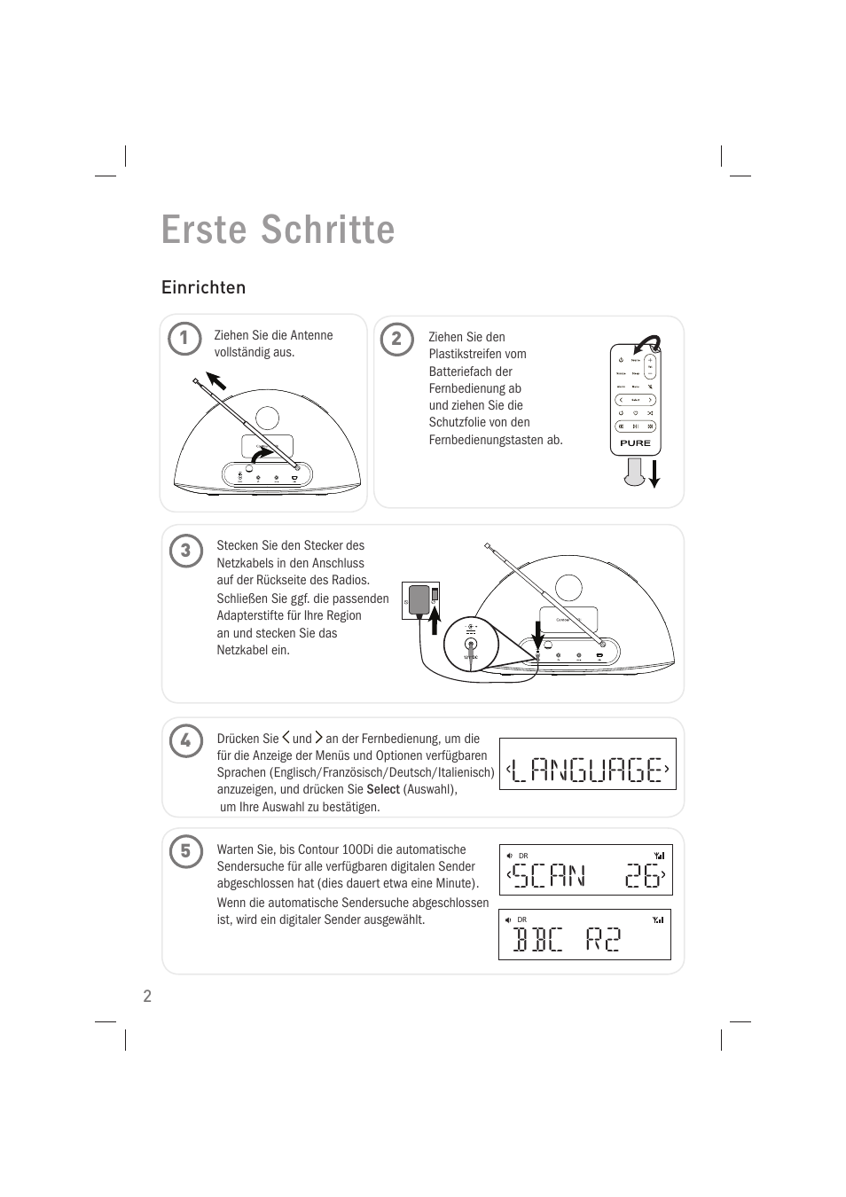 Erste schritte, Language scan 26, Bbc r2 | Pure Acoustics Contour 100Di User Manual | Page 18 / 80