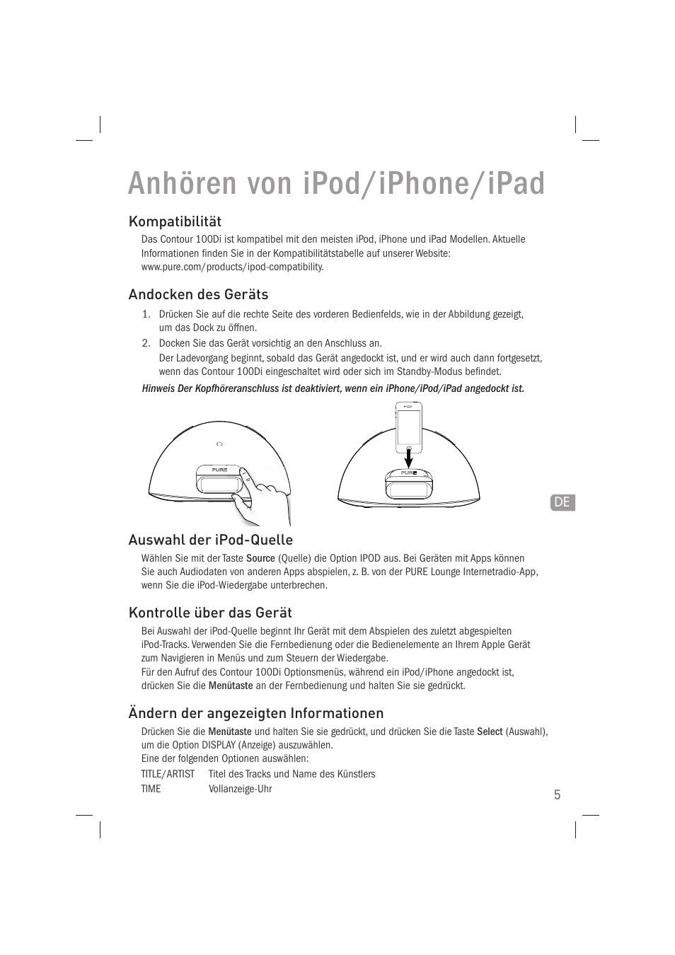 Anhören von ipod/iphone/ipad | Pure Acoustics Contour 100Di User Manual | Page 21 / 80