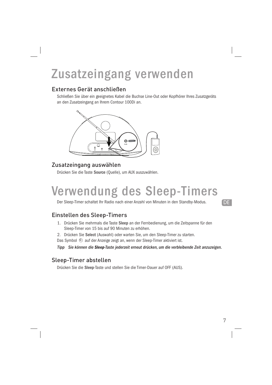 Zusatzeingang verwenden, Verwendung des sleep-timers | Pure Acoustics Contour 100Di User Manual | Page 23 / 80