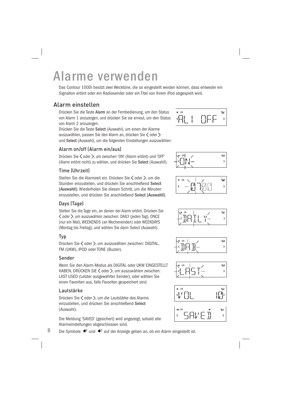 Alarme verwenden, Daily, Last | On saved | Pure Acoustics Contour 100Di User Manual | Page 24 / 80