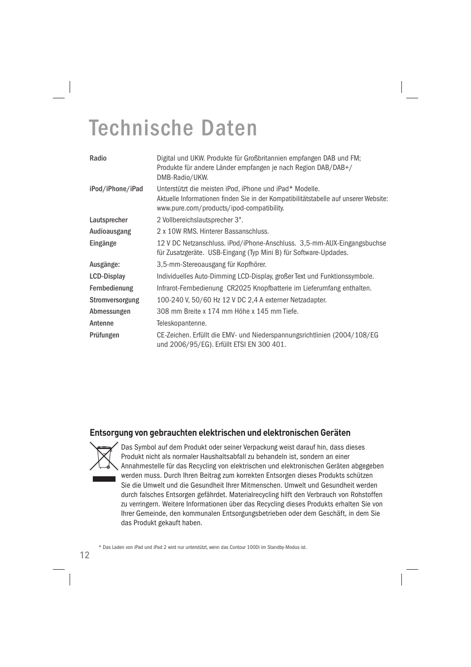 Technische daten | Pure Acoustics Contour 100Di User Manual | Page 28 / 80