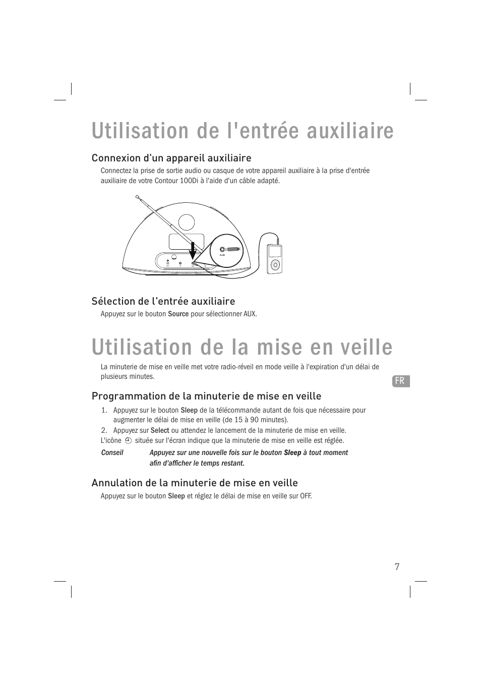 Utilisation de l'entrée auxiliaire, Utilisation de la mise en veille | Pure Acoustics Contour 100Di User Manual | Page 35 / 80