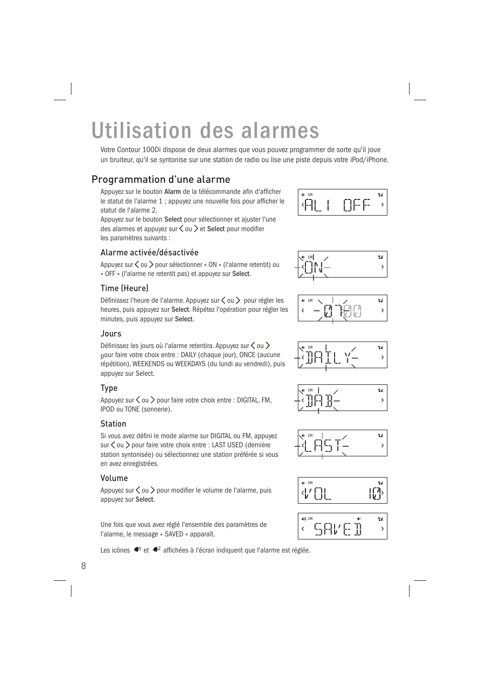 Utilisation des alarmes, Daily, Last | On saved | Pure Acoustics Contour 100Di User Manual | Page 36 / 80