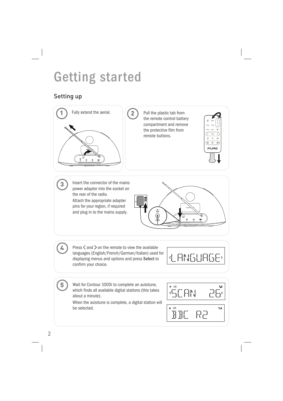 Getting star ted, Language scan 26, Bbc r2 | Pure Acoustics Contour 100Di User Manual | Page 4 / 80