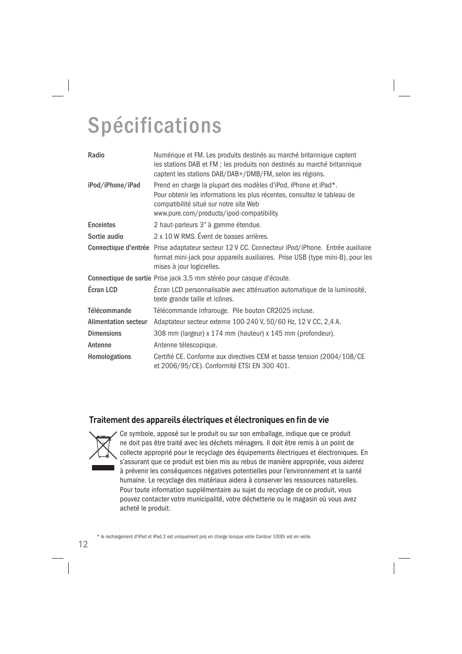 Spécifications | Pure Acoustics Contour 100Di User Manual | Page 40 / 80