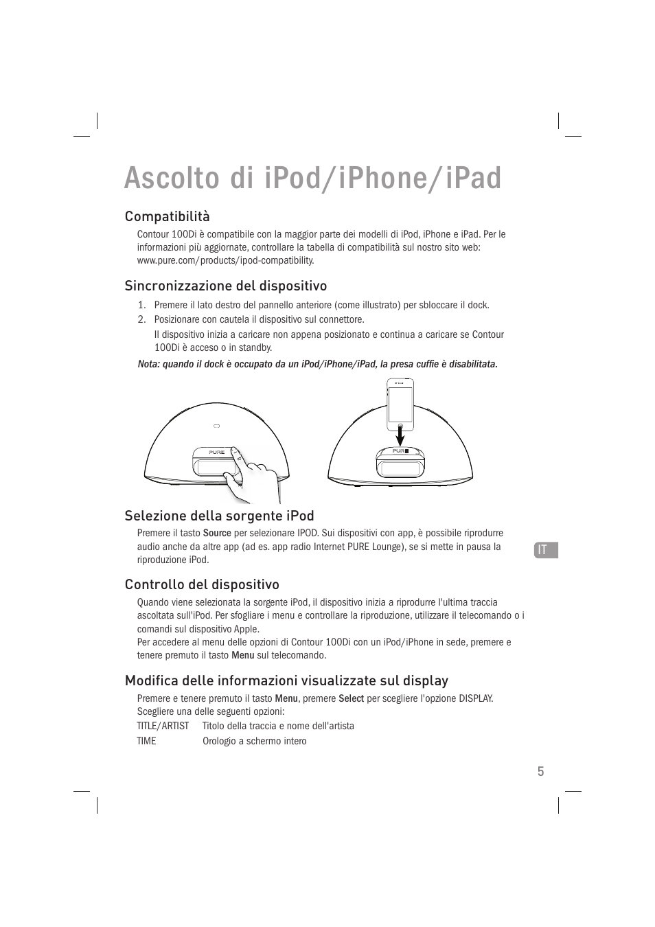 Ascolto di ipod/iphone/ipad | Pure Acoustics Contour 100Di User Manual | Page 45 / 80
