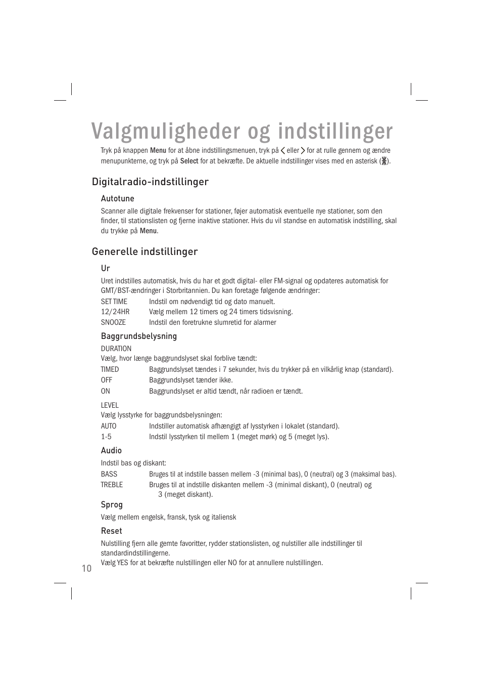 Valgmuligheder og indstillinger | Pure Acoustics Contour 100Di User Manual | Page 62 / 80