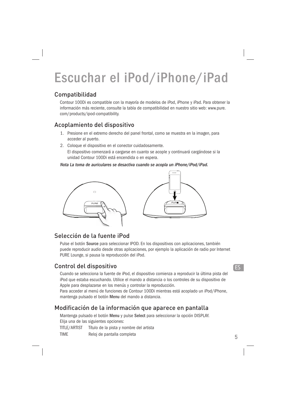 Escuchar el ipod/iphone/ipad | Pure Acoustics Contour 100Di User Manual | Page 69 / 80