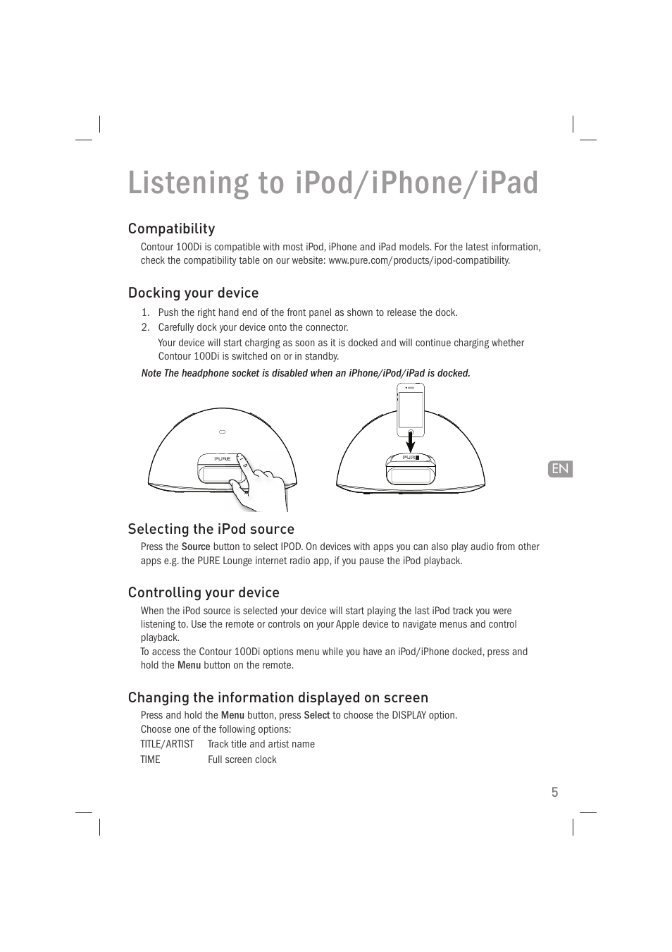 Listening to ipod/iphone/ipad | Pure Acoustics Contour 100Di User Manual | Page 7 / 80