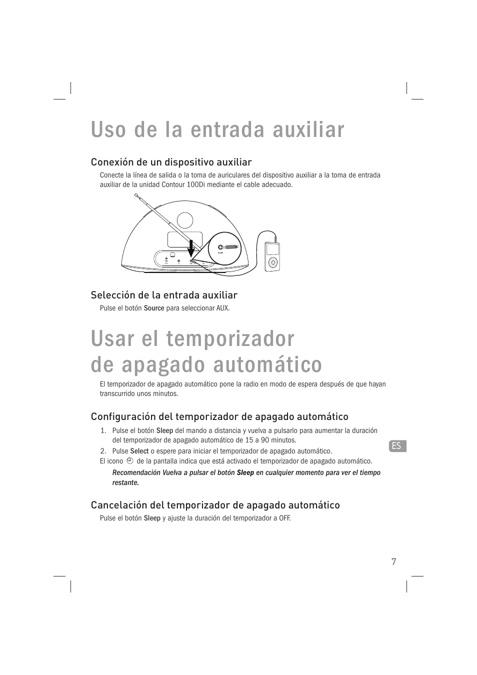 Uso de la entrada auxiliar, Usar el temporizador de apagado automático | Pure Acoustics Contour 100Di User Manual | Page 71 / 80