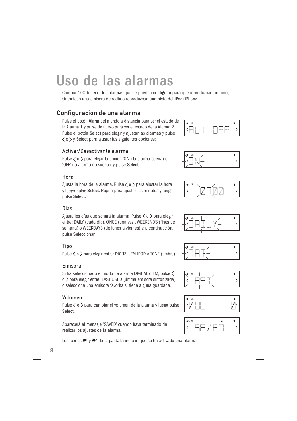 Uso de las alarmas, Daily, Last | On saved | Pure Acoustics Contour 100Di User Manual | Page 72 / 80