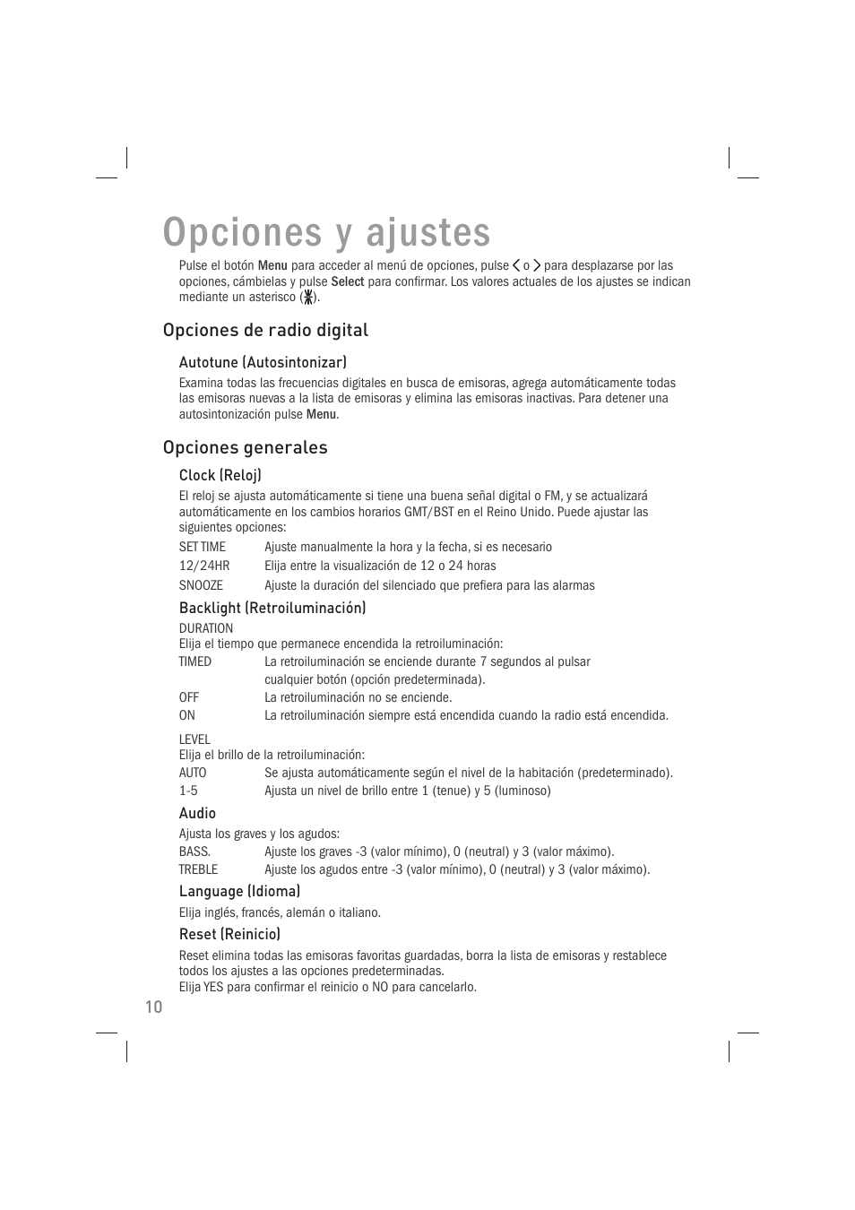 Opciones y ajustes | Pure Acoustics Contour 100Di User Manual | Page 74 / 80