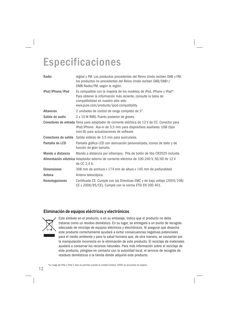 Especificaciones | Pure Acoustics Contour 100Di User Manual | Page 76 / 80