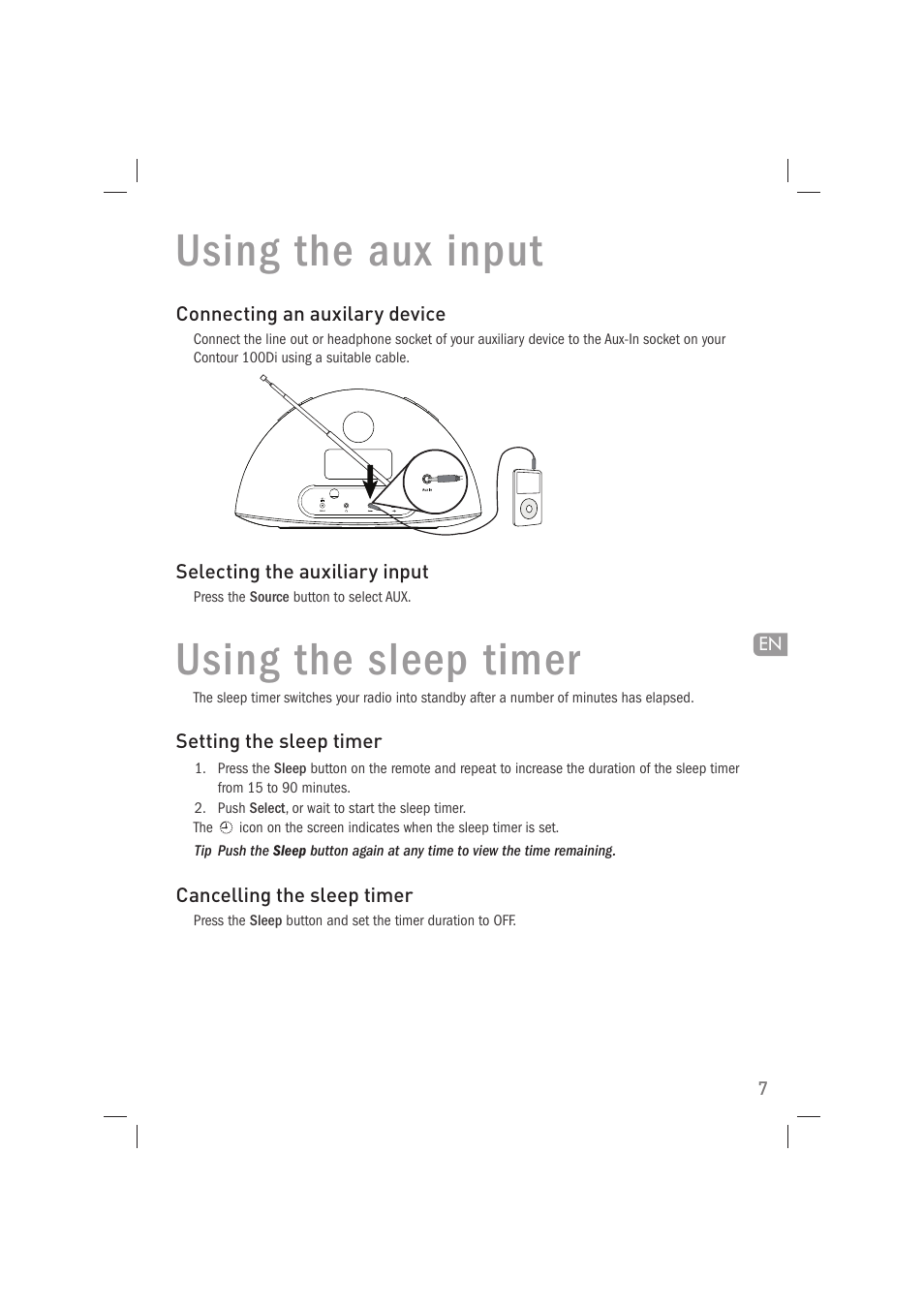 Using the aux input, Using the sleep timer | Pure Acoustics Contour 100Di User Manual | Page 9 / 80