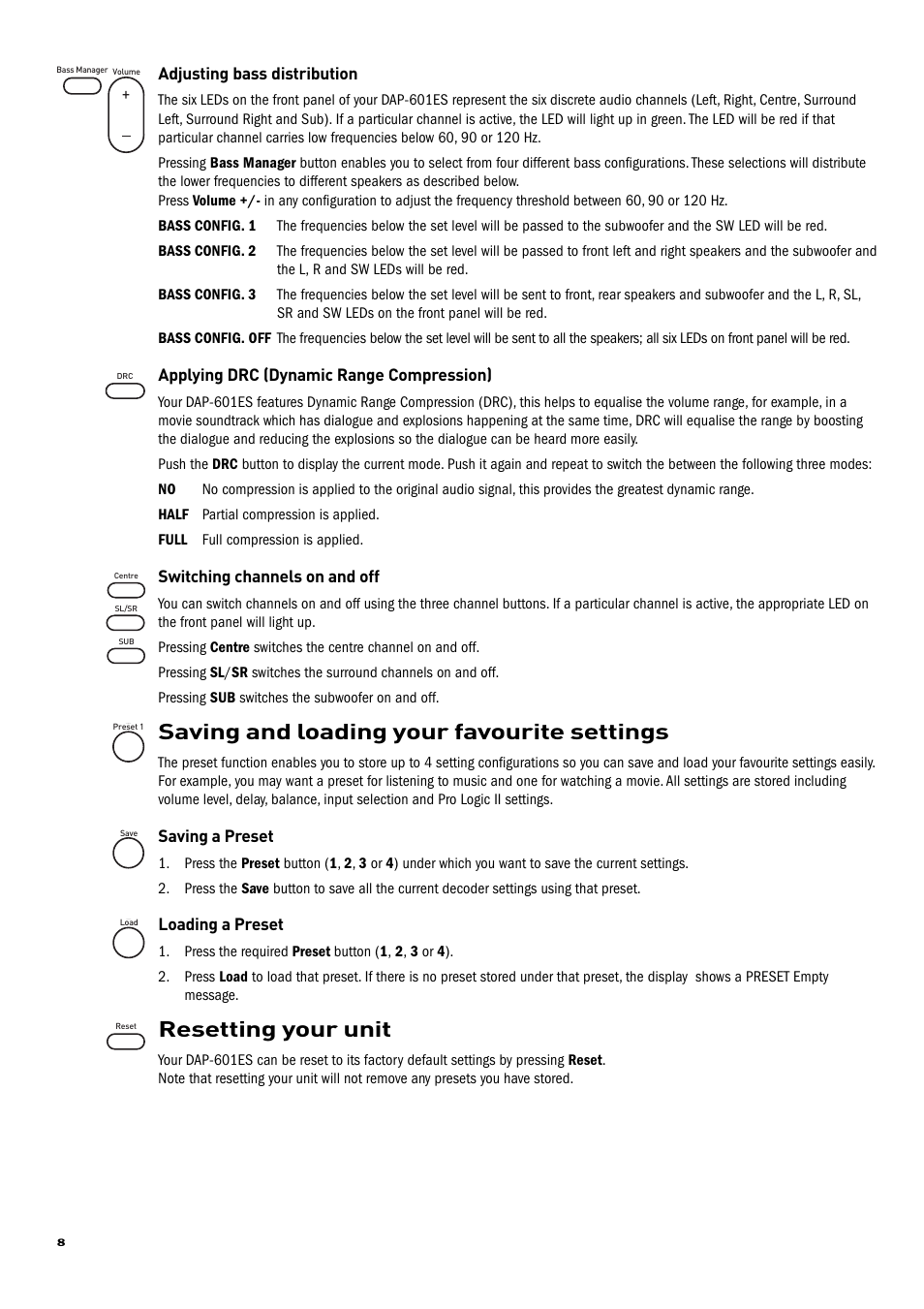 Saving and loading your favourite settings, Resetting your unit | Pure Acoustics DAP-601ES User Manual | Page 10 / 36