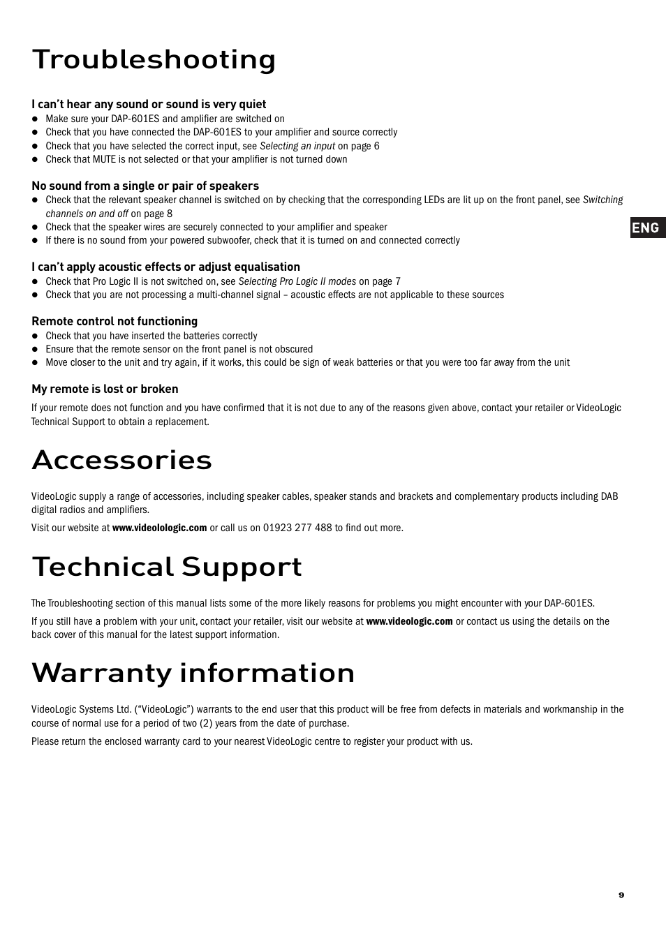 Troubleshooting, Accessories, Technical support | Warranty information | Pure Acoustics DAP-601ES User Manual | Page 11 / 36