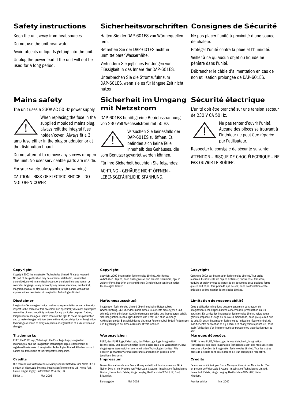 Safety instructions, Sicherheitsvorschriften, Consignes de sécurité | Mains safety, Sicherheit im umgang mit netzstrom, Sécurité électrique | Pure Acoustics DAP-601ES User Manual | Page 2 / 36