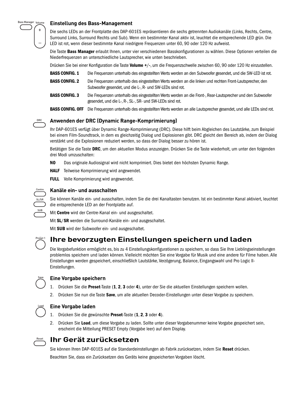 Ihre bevorzugten einstellungen speichern und laden, Ihr gerät zurücksetzen | Pure Acoustics DAP-601ES User Manual | Page 20 / 36