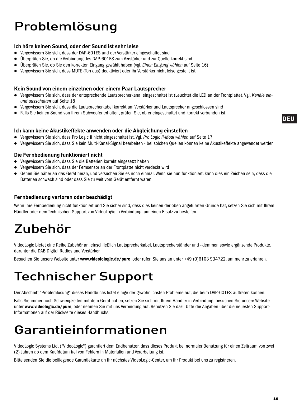 Problemlösung, Zubehör, Technischer support | Garantieinformationen | Pure Acoustics DAP-601ES User Manual | Page 21 / 36