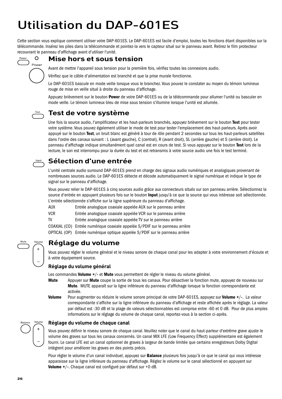 Utilisation du dap-601es, Mise hors et sous tension, Test de votre système | Sélection d'une entrée, Réglage du volume | Pure Acoustics DAP-601ES User Manual | Page 28 / 36