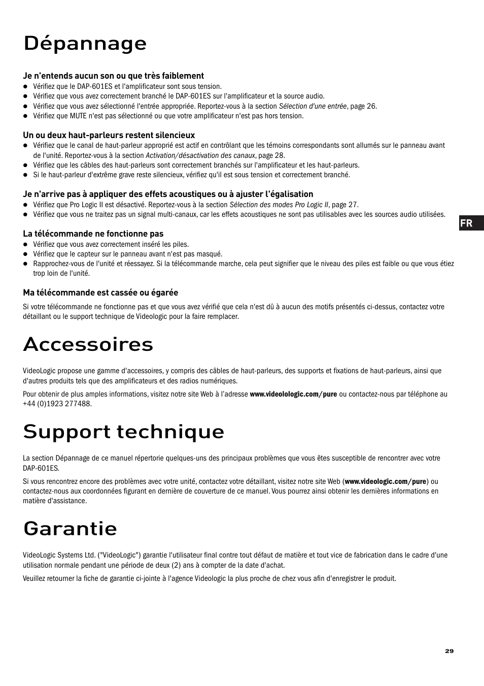 Dépannage, Accessoires, Support technique | Garantie | Pure Acoustics DAP-601ES User Manual | Page 31 / 36