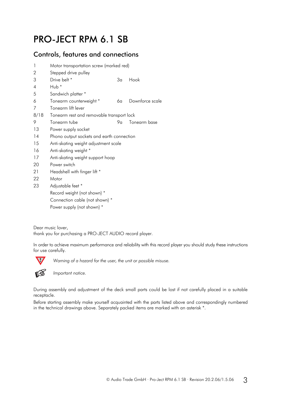 Pro-ject rpm 6.1 sb, Controls, features and connections | Pro-Ject Audio Systems RPM 6.1 SB User Manual | Page 3 / 9