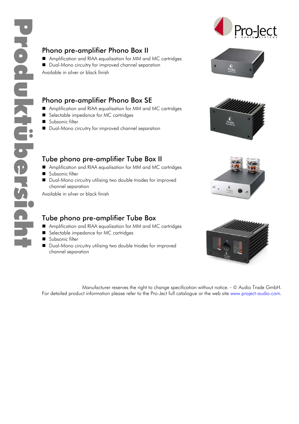 Produktübersicht, Phono pre-amplifier phono box ii, Phono pre-amplifier phono box se | Tube phono pre-amplifier tube box ii, Tube phono pre-amplifier tube box | Pro-Ject Audio Systems RPM 6.1 SB User Manual | Page 9 / 9