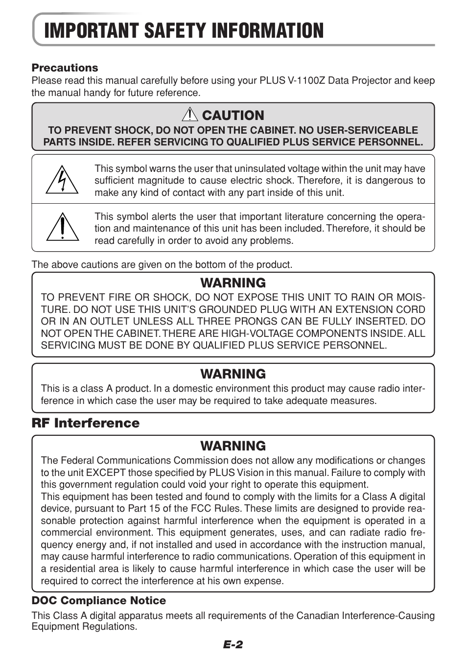Important safety information, Caution, Warning | Rf interference warning | PLUS Vision V-1100Z User Manual | Page 2 / 72