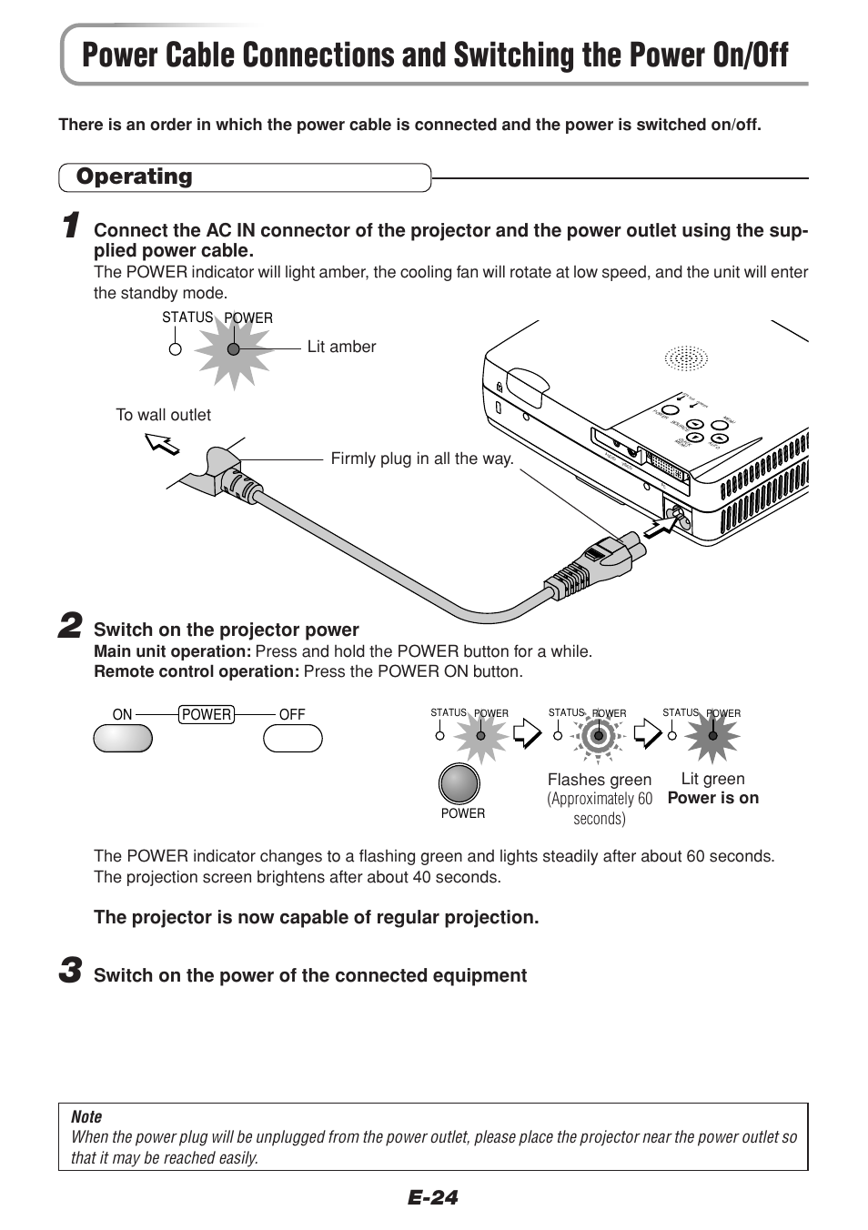 Operating, E-24, Switch on the projector power | The projector is now capable of regular projection, Switch on the power of the connected equipment | PLUS Vision V-1100Z User Manual | Page 24 / 72