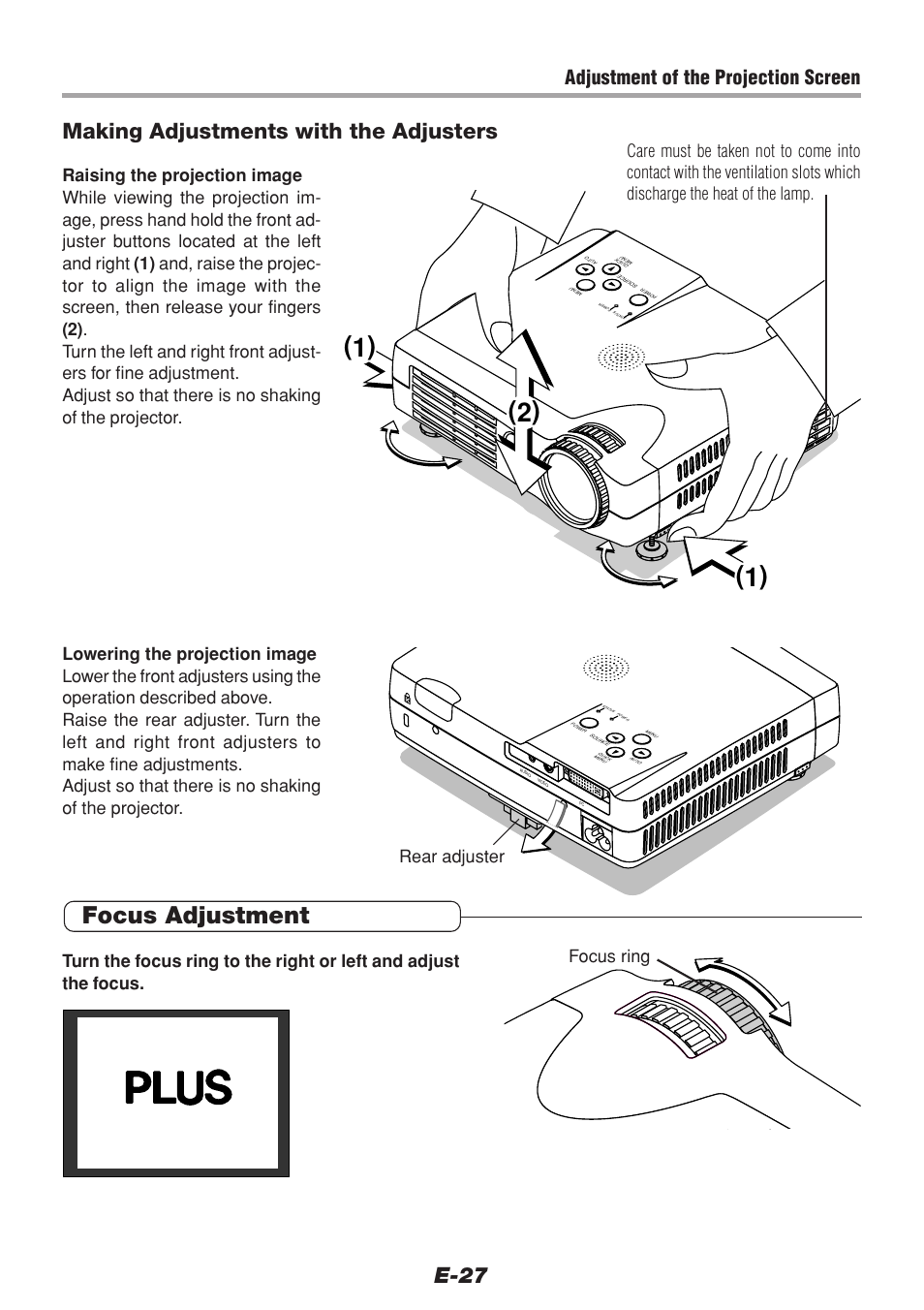 Focus adjustment, E-27 making adjustments with the adjusters, Adjustment of the projection screen | PLUS Vision V-1100Z User Manual | Page 27 / 72