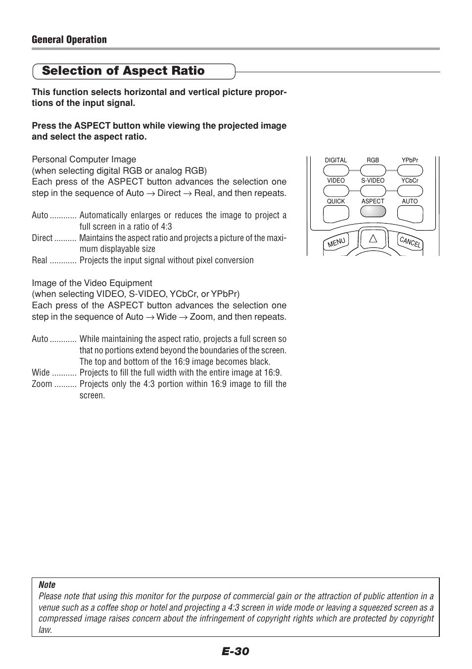 Selection of aspect ratio, E-30, General operation | PLUS Vision V-1100Z User Manual | Page 30 / 72