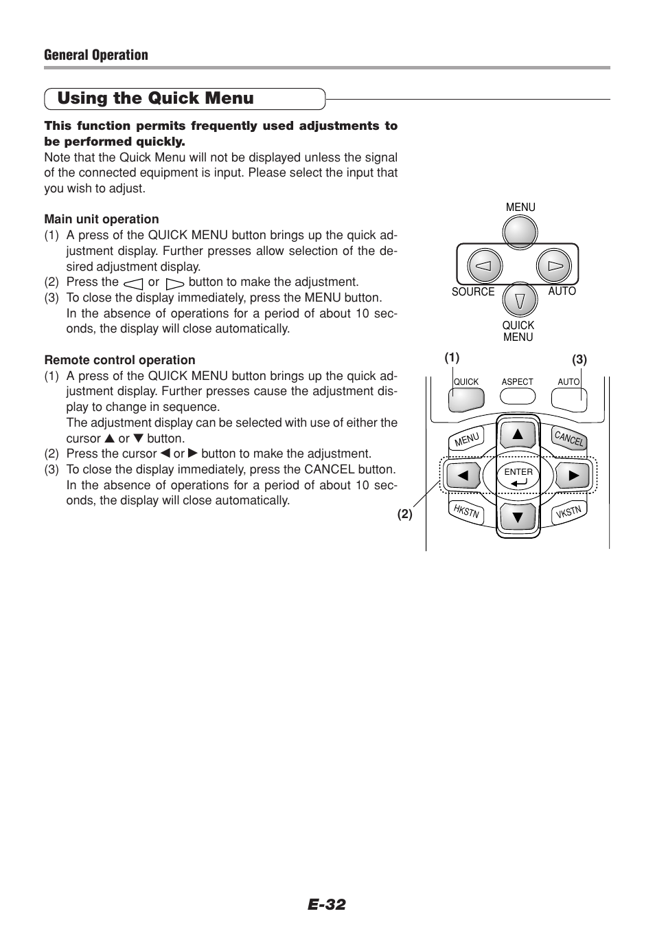 Using the quick menu, E-32 | PLUS Vision V-1100Z User Manual | Page 32 / 72